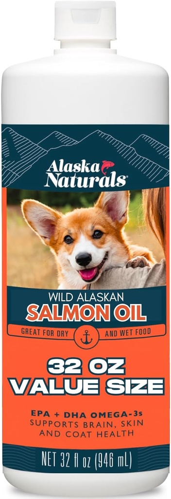 Alaska Naturals Wild Alaskan Salmon Fish Oil Supplement for Dogs Peau and Coat with EPA DHA Omega 3 Fatty Acides Liquid Food Topper 32 oz.