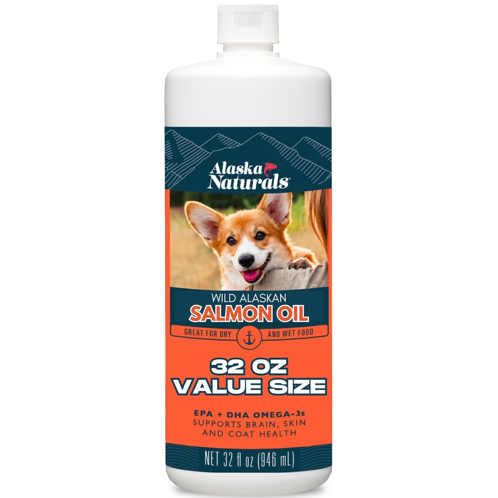 Alaska Naturals Wild Alaskan Salmon Fish Oil Supplement for Dogs Peau and Coat with EPA DHA Omega 3 Fatty Acides Liquid Food Topper 32 oz.