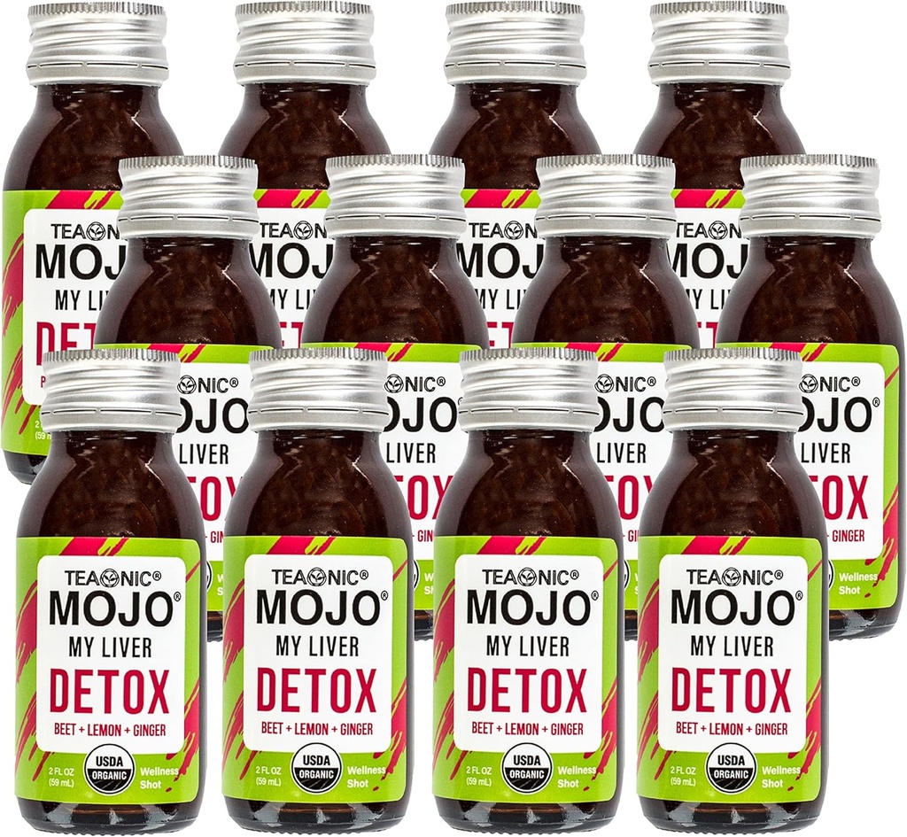 TÉOANIQUE Mon foie Mojo: Detox, Wellness Mojo Shops avec poivre noir, betterave et jus de citron, certifié USDA, sans caféine, sans gluten, 2 Fl. Oz chacun, paquet de 12