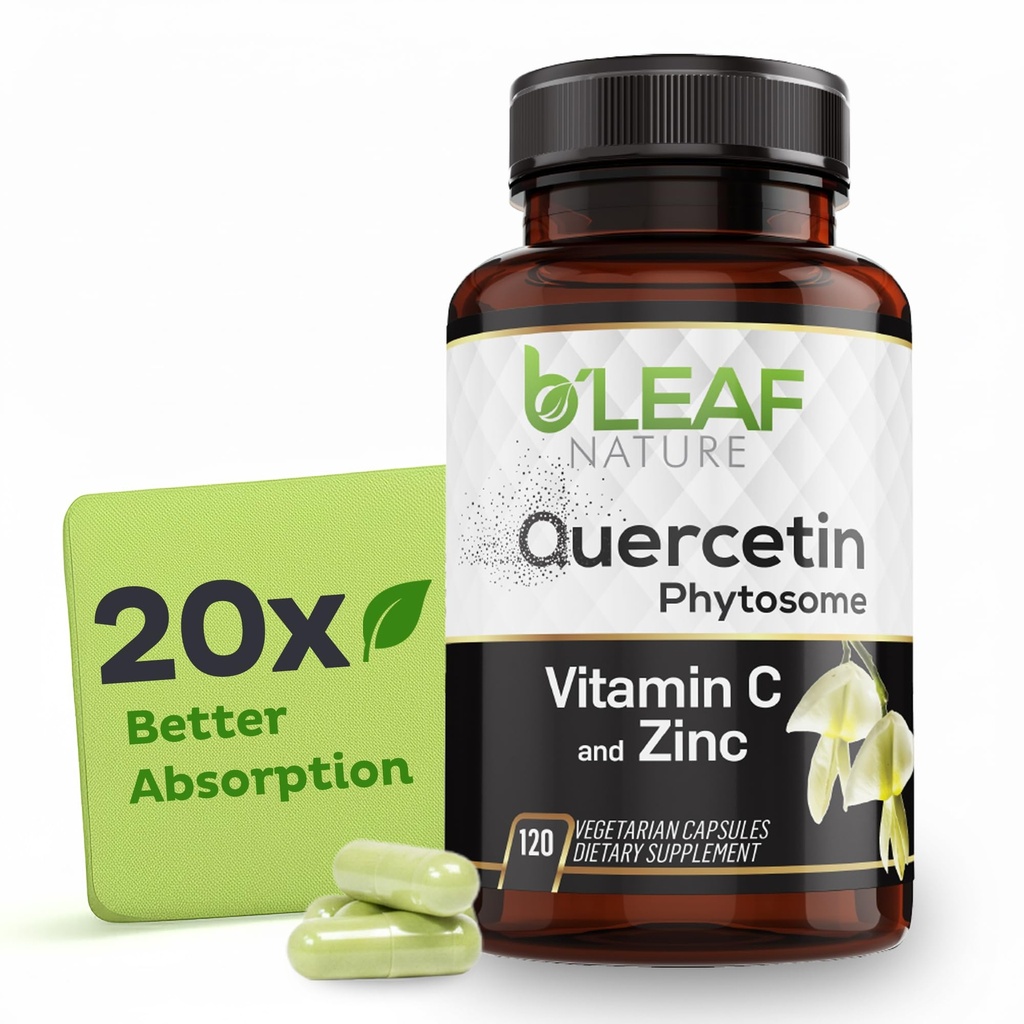 B'LEAF NATURE Quercetin Phytosome, 120 Capsules – 1000mg High Absorption Quercetin with Vitamin C and Zinc – Non-GMO Vegetarian Quercetin Supplement for Immune, Energy and Seasonal Support