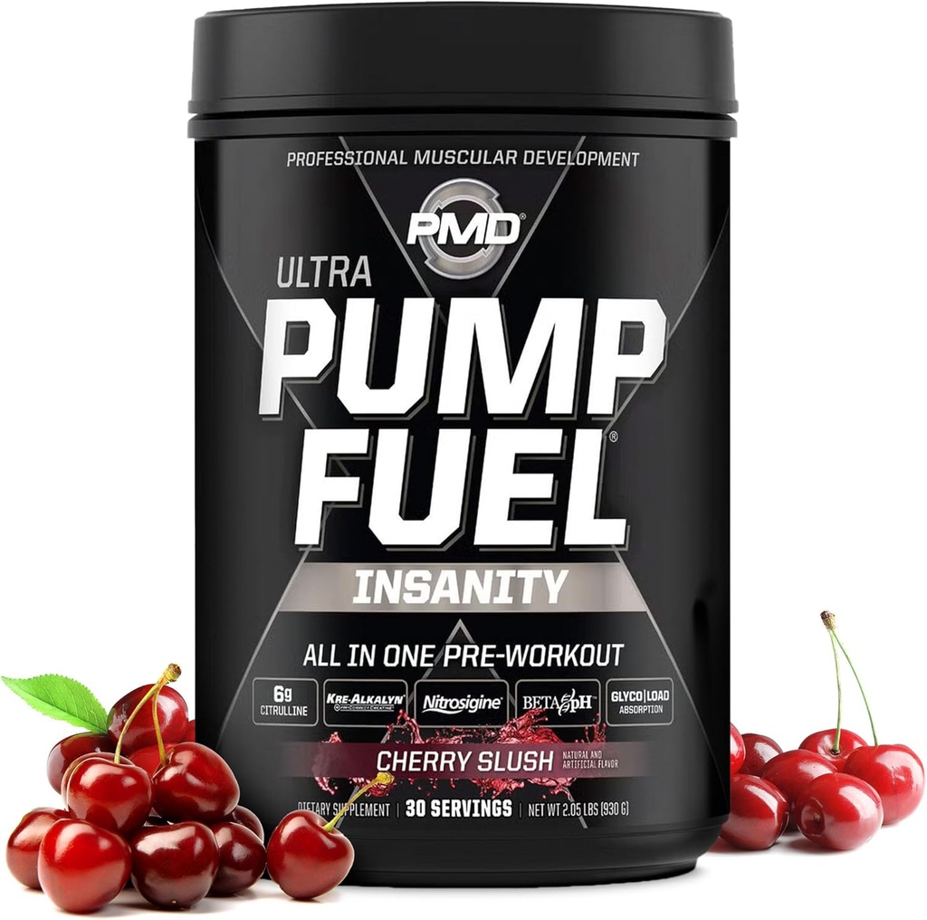 Pompe de sport PMD Combustible Ultra folie - Poudre de pré-entraînement Premium et pompe musculaire, plus de concentration, d'endurance et de récupération, Creatine Premium, Arginine et Beta Alanine - Cerise Slush (30 portions)