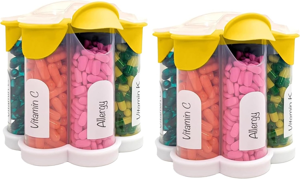 Extra Large Pill Organizer Daily, Weekly, Mensuel Supplément Bouteille, Distributeur de pilules Mignon avec 7 Compartiments XL (2 Pack Combo) (Jaune 2 Pack)