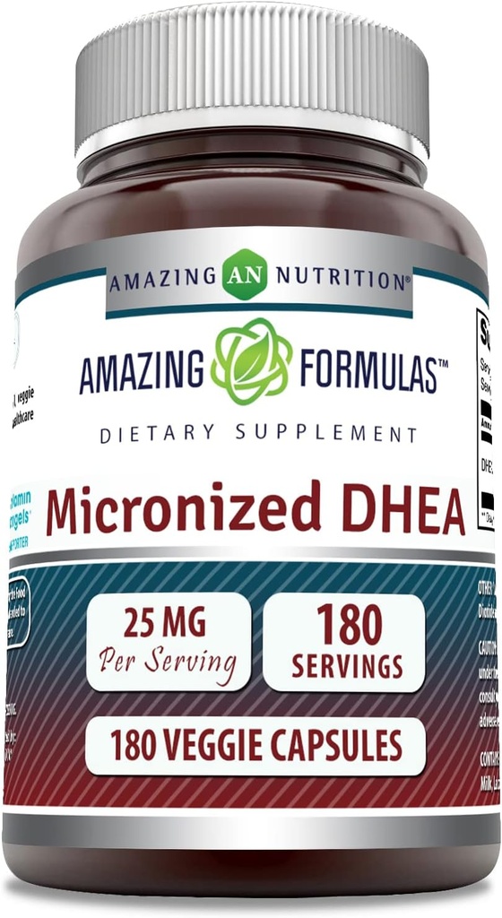 Formules étonnantes Micronized DHEA 25mg 180 Capsules de légumes Supplément de Gluten Sans GMO (Fabriqué aux États-Unis) Idéal pour les végétariens Déhydroépiandrostérone Capsules pour hommes et femmes (1 Pack)