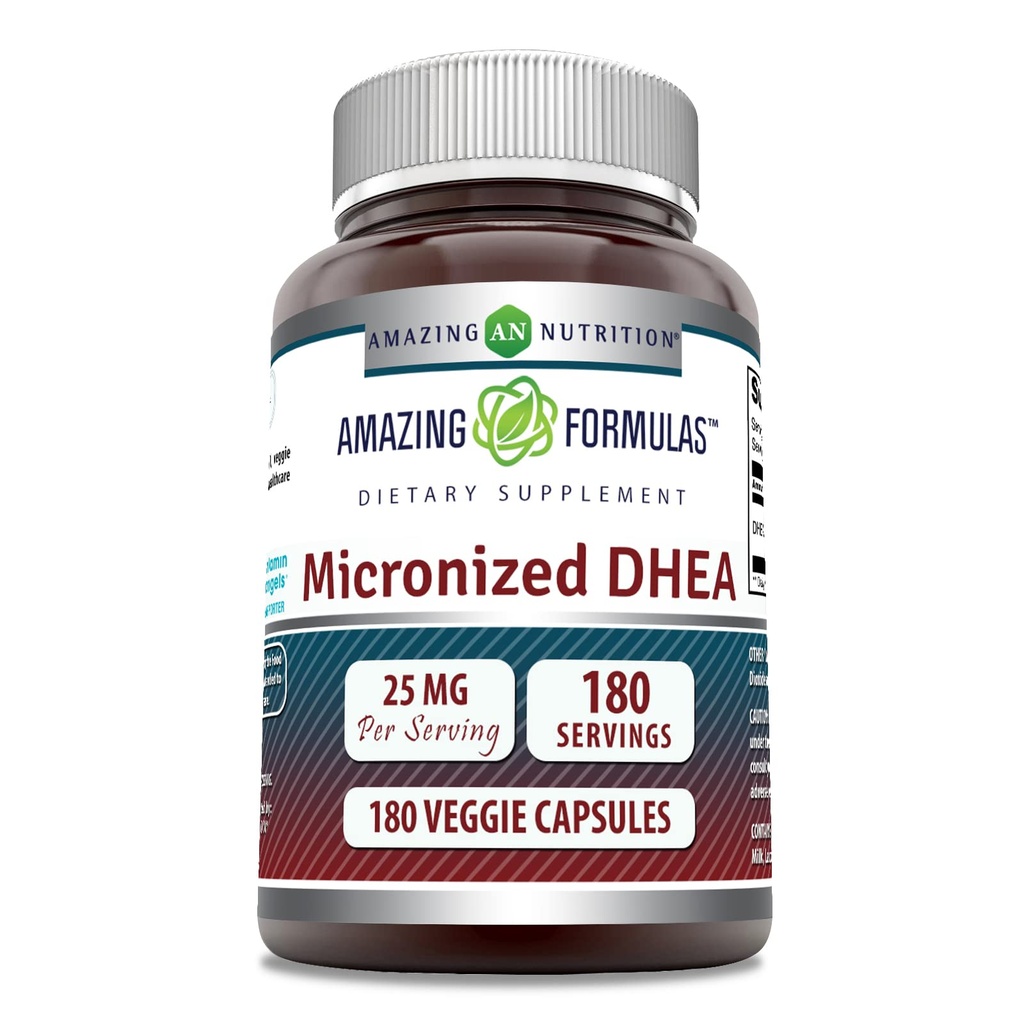 Formules étonnantes Micronized DHEA 25mg 180 Capsules de légumes Supplément de Gluten Sans GMO (Fabriqué aux États-Unis) Idéal pour les végétariens Déhydroépiandrostérone Capsules pour hommes et femmes (1 Pack)
