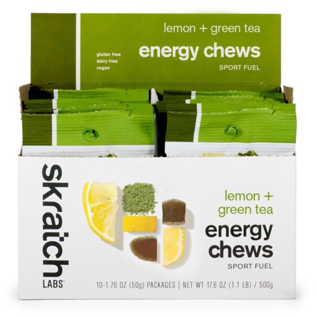 Skratch Labs Energy Chews (gummées pour la course, le cyclisme et les performances sportives) Gel Alternative (comparative) Matcha + citron (10 Pack)