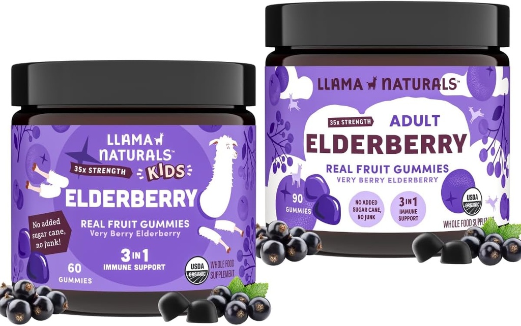 Llama Naturals Real Fruit Sambucus Gommies de mûres aînées pour les enfants et les adultes.No Added Sugar Cane, Vegan, Organic Immmune Support.