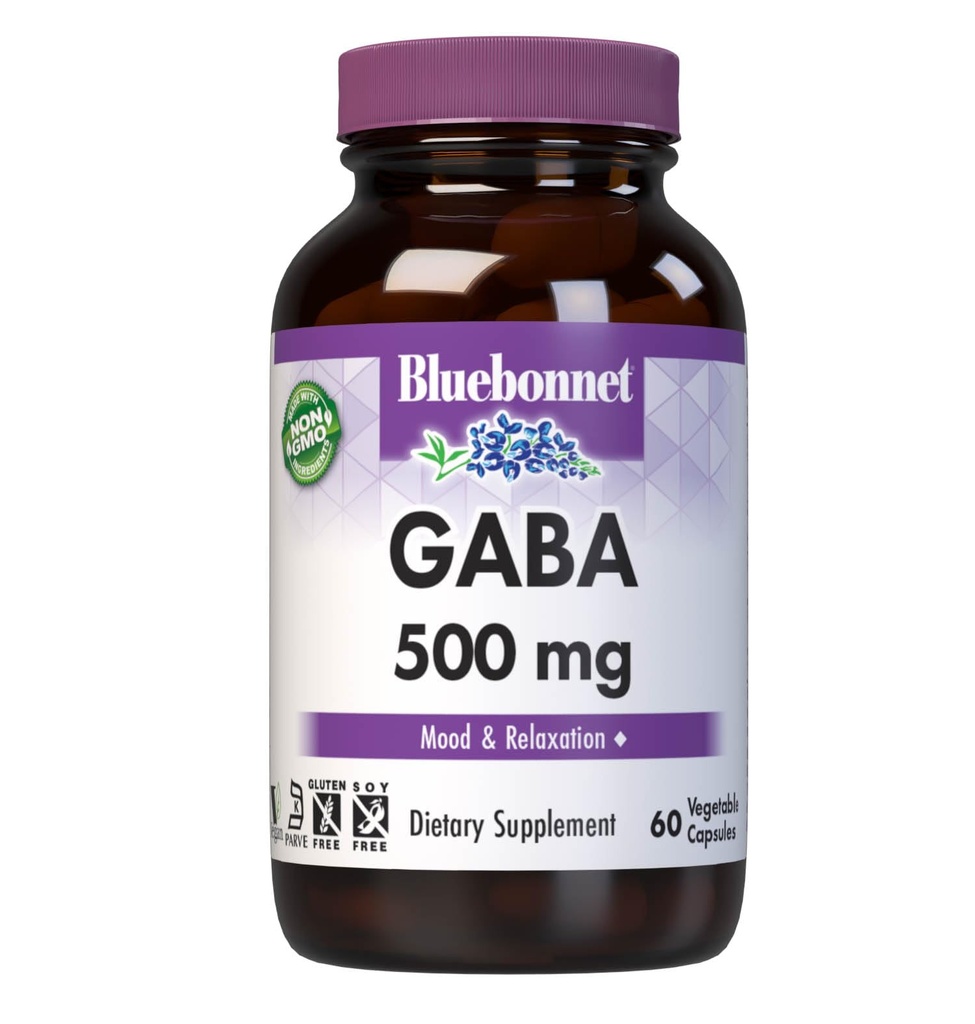 BlueBonnet Nutrition GABA 500mg, pour soulager le stress*, soutient la relaxation*, casher, végétalien, sans gluten, sans soja, sans OGM, 60 capsules végétales, 60 portions