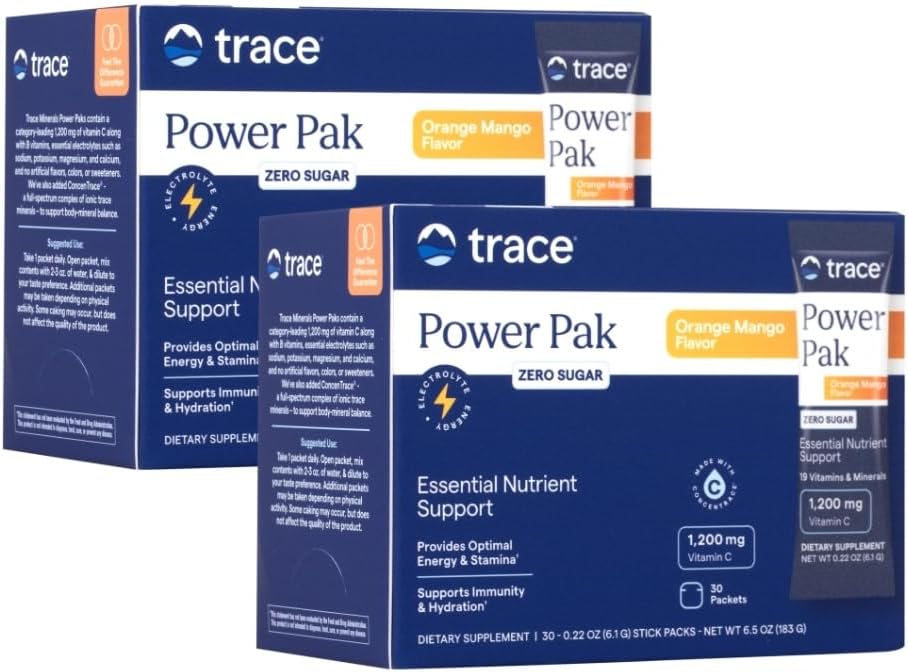 Trace Minerals Power Pak Multivitamin and Multimineral Packets - Soutien électrolyte - 1200 mg Vitamine C plus 70+ Trace Minerals - Sans sucre - Orange Mango Flavor - 60 Packets