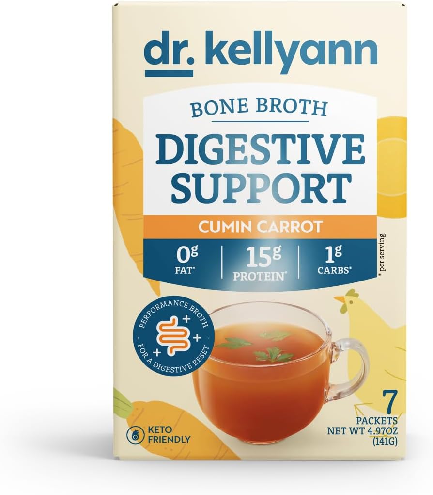 Dre Kellyann Bone Broth + Support digestif Collagène Paquets en poudre (7 portions, 1 boîte), 16g Protéines/Servies, 100% Poudre de collagène hydrolysée alimentée à l'herbe, Keto & Paleo - Carotte de Cumin