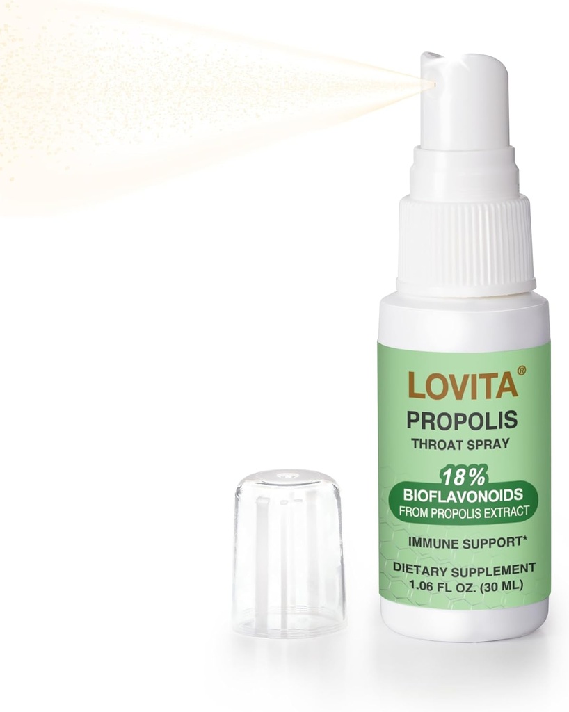 Spray de gorge de propolis d'abeille de Lovita, 18% bioflavonoïdes, sans alcool, support immunitaire, apaisant de gorge, antioxydant, goût doux, 1 Fl Oz (paquet de 1)