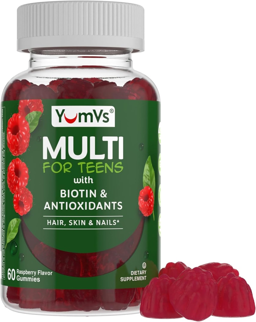 YumVs Gommies multivitamines pour adolescents avec biotine et antioxydants - Arôme des framboises - Soutien des ongles de peau pour cheveux - Vitamines pour adolescents Kosher pour garçons et filles 12-17 - Multivitamines pour adolescents Gummy (60 comte)
