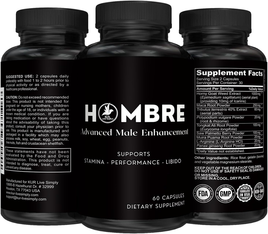 Supplément d'amélioration Homme Humbre – Ajouter 2 en 60 jours avec nos pilules d'élargissement pour les hommes croissance musculaire – Augmenter la taille, la force, l'endurance, la performance, le booster d'énergie - 60 capsules