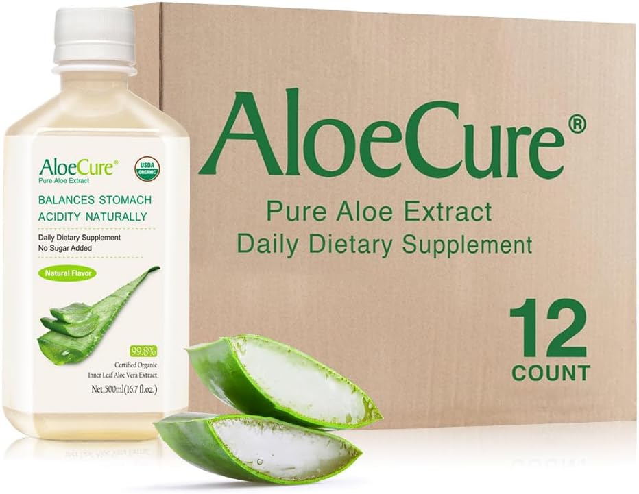 AloeCure USDA Bio Aloe Vera Juice fabriqué dans les 12 heures de la récolte - Pure Aloe Juice supplément digestif naturel pour soutenir la digestion, le système immunitaire et l'acidité équilibrée de l'estomac, 12 x 500ml bouteilles
