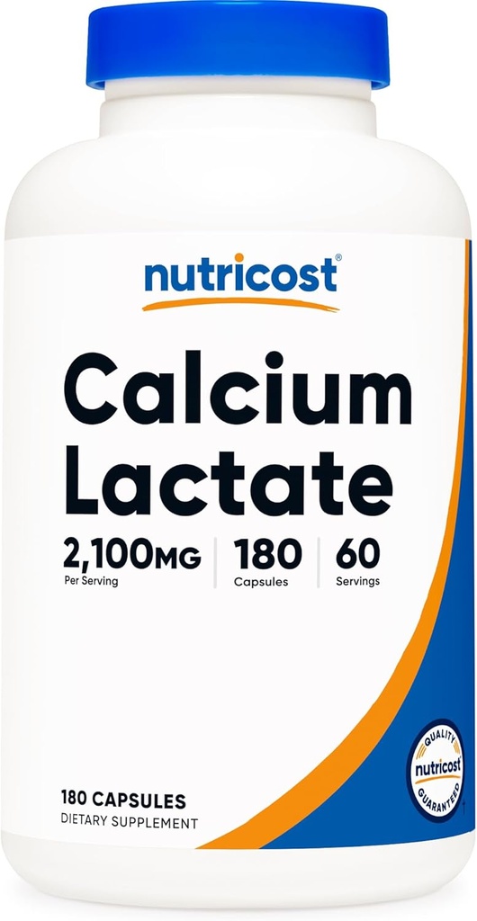 Nutricost Calcium Lactate 2 100mg; 180 Capsules - Vegan, non-OGM et sans gluten, 60 portions