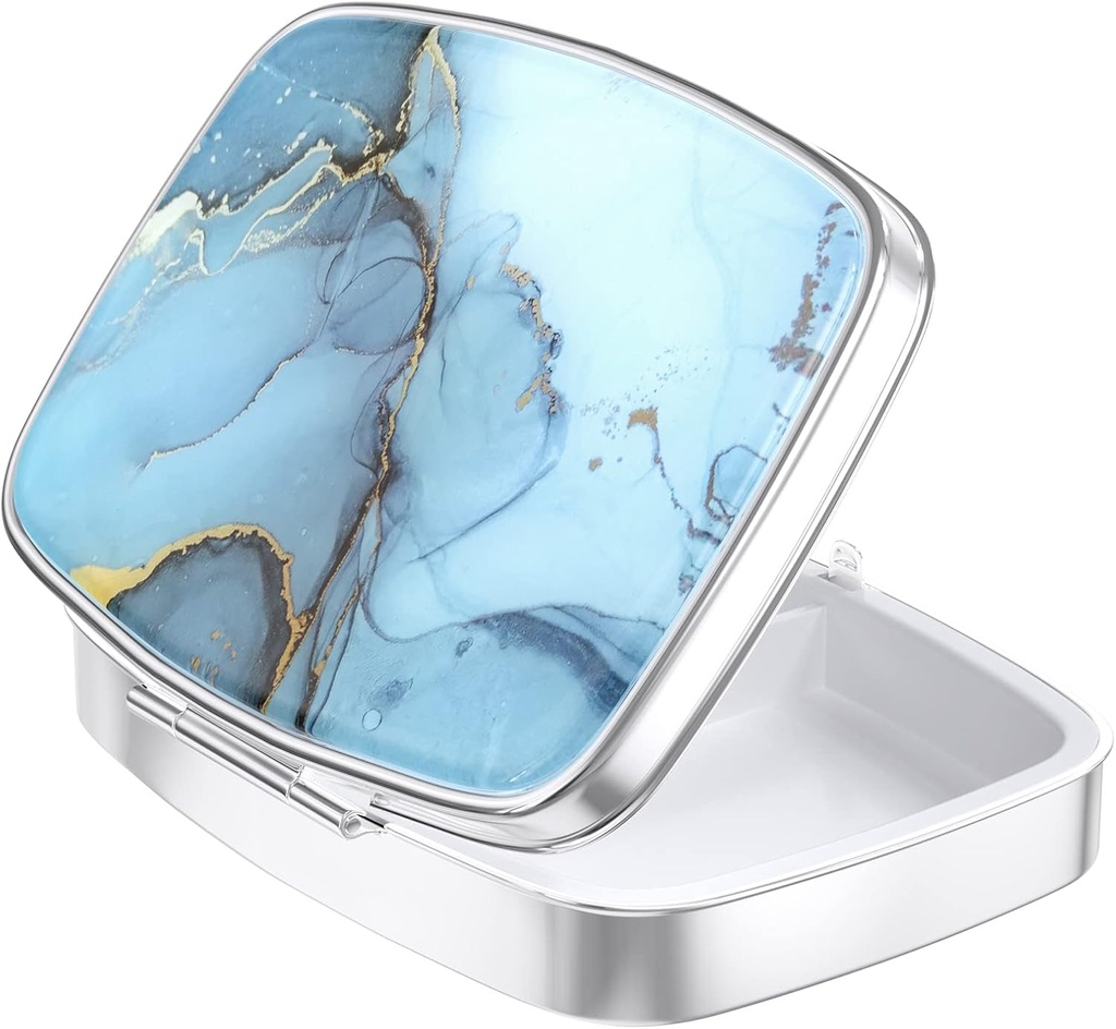 Boîte à pilules Nipichsha, petit étui à pilules pour la Purse & Pocket, organisateur de médicaments mignons Travel Pillbox, porte-conteneur de pilules portable pour tenir les vitamines, médicaments, huile de poisson et supplément, marbre bleu clair