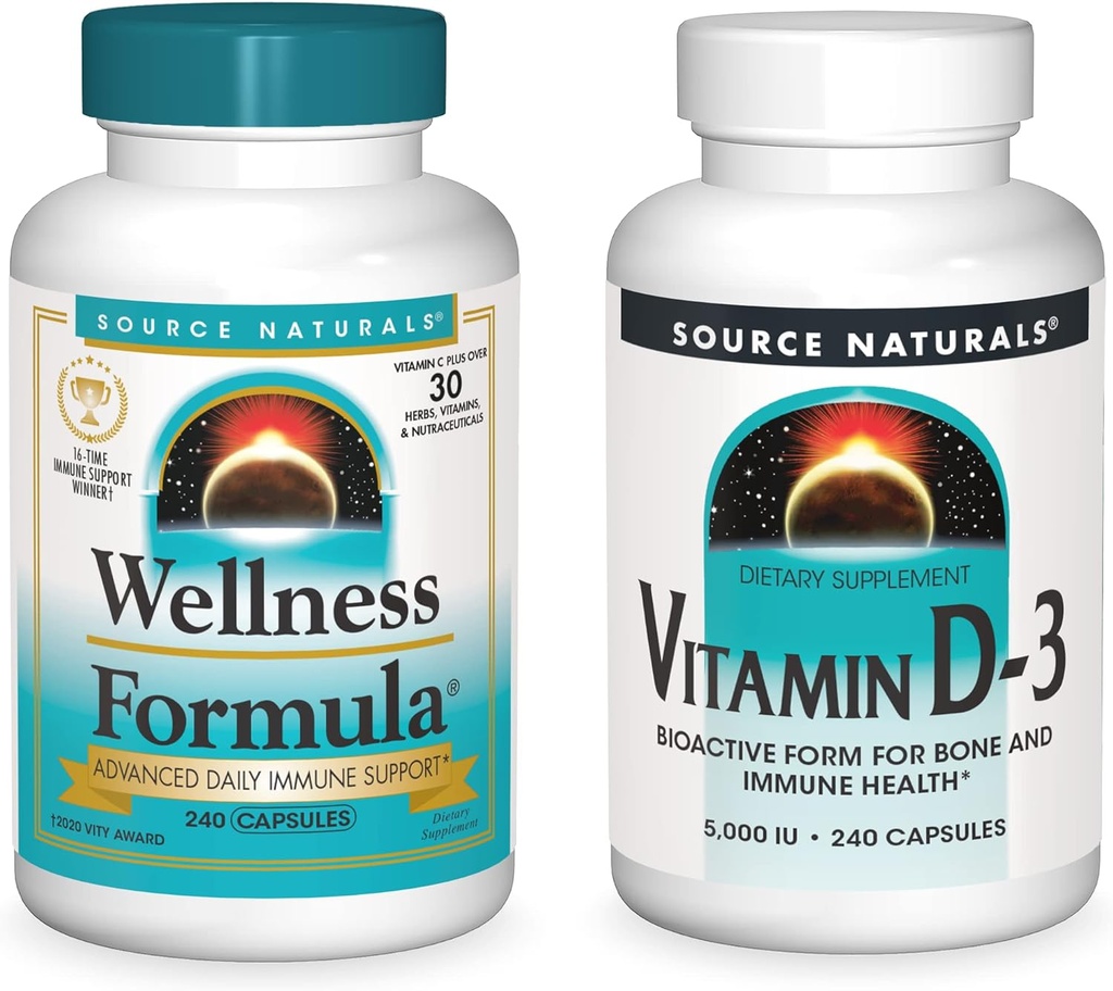 Source Naturals Wellness Formula et 5000 iu Vitamine D-3, 240 Capsules dans chaque bouteille