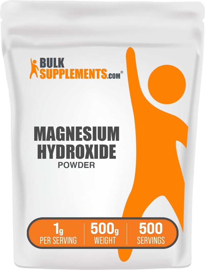 BulkSupplements.com Poudre d'hydroxyde de magnésium - Supplément d'hydroxyde de magnésium - Sans gluten et de qualité alimentaire, 1g par portion, 500g (1,1 lb) (paquet de 1)