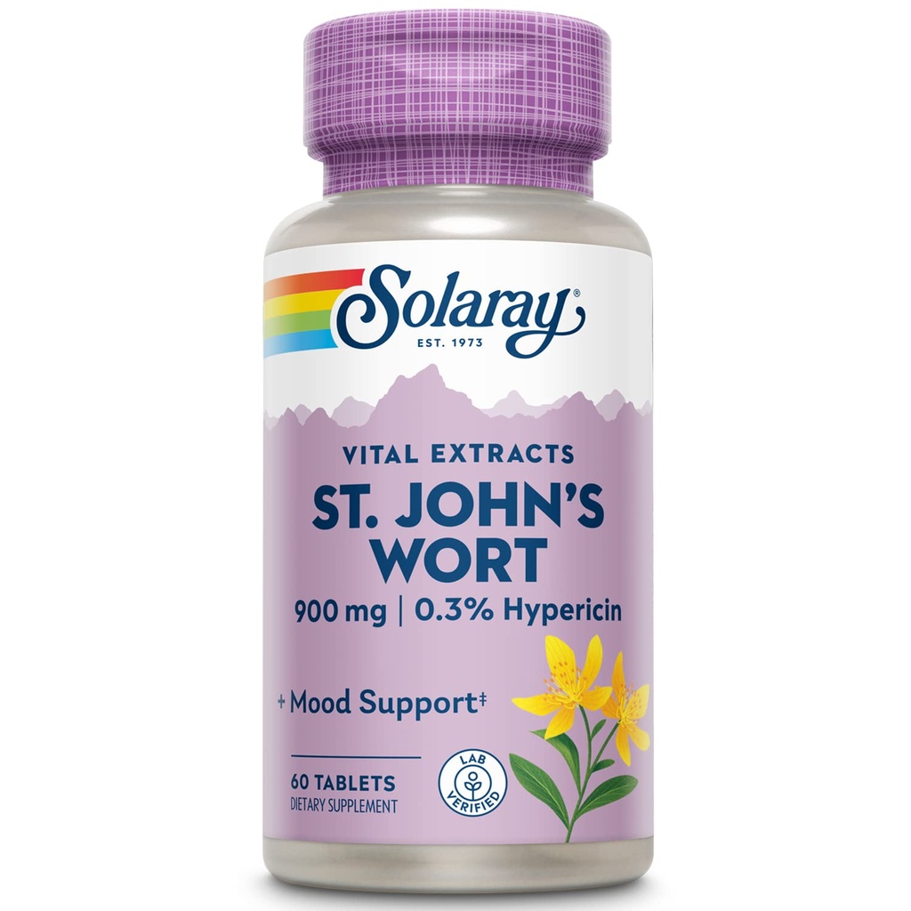 SOLARAY St. Johns Wort Aerial Extract One Daily 900mg, standardisé w/ 0,3% Hypericine pour la stabilité de l'humeur et le soutien de la santé du cerveau, non-OGM (60 portions)