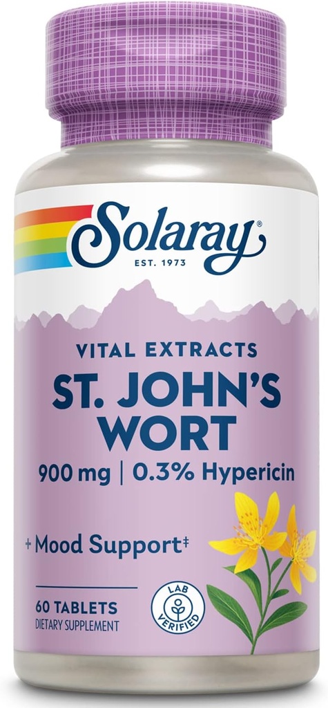 SOLARAY St. Johns Wort Aerial Extract One Daily 900mg, standardisé w/ 0,3% Hypericine pour la stabilité de l'humeur et le soutien de la santé du cerveau, non-OGM (60 portions)