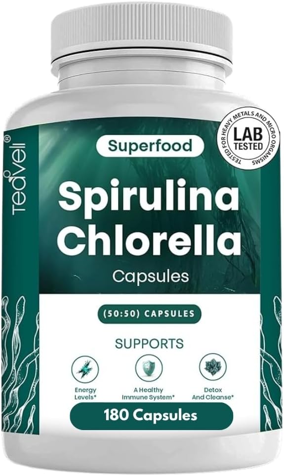 Capsules Teaveli Organic Spirulina et Chlorella – 180 pilules de chlorophylle, capsules en poudre d'algues vertes bleues pour soutenir la désintoxication, la mitochondrie et l'énergie– 3X Plus Chlorella Spirulina Poudre/Serveur