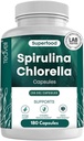 Capsules Teaveli Organic Spirulina et Chlorella – 180 pilules de chlorophylle, capsules en poudre d'algues vertes bleues pour soutenir la désintoxication, la mitochondrie et l'énergie– 3X Plus Chlorella Spirulina Poudre/Serveur