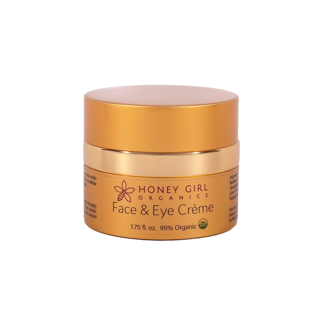 Honey Girl Organics Face & Eye Creme, USDA Certified Organic Facial Hydratant & Under Eye Cream for Wrinkles, Dark Circles and Puffiness w/Hydrating Honey, Beeswax, Essential Oils & EVOO. 1,75oz
