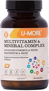 U-MORE Multivitamine et complexe minéral, végétalien, sans sucre, sans gluten, calcium, magnésium, vitamine A, B1, B2, B5, B6, B12, D3, K, C, fer, zinc, soutient le système immunitaire et la santé globale - 60 comprimés
