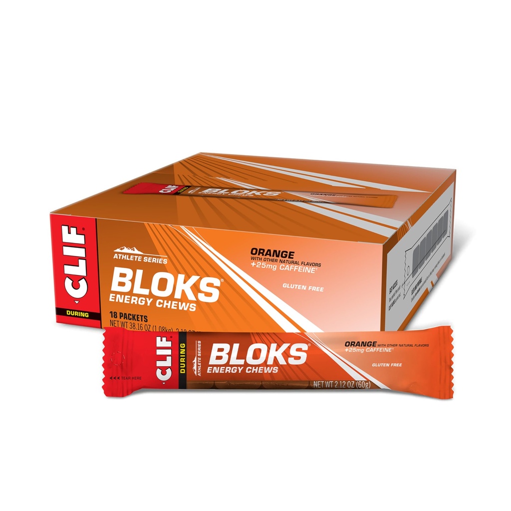 CLIF BLOKS - Arôme orange avec caféine - Chews d'énergie - Non-OGM - Basé sur l'usine - Carburant rapide pour le vélo et la course - Carbohydrates et électrolytes rapides - 2,12 oz. (18 Compte)