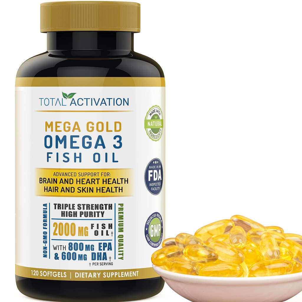 Supplément d'huile de poisson Omega 3 – 2000mg avec EPA DHA et vitamine E – Support sans Burpless, triple force pour les hommes et les femmes – 120 Easy Swallow Softgels