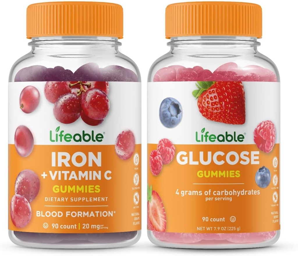 Fer Lifeable avec vitamine C + glucose, Gummies Bundle - Grande dégustation, supplément de vitamine, sans gluten, sans OGM, gummy à croquer