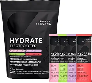Sports Research® Hydrate Electrolytes Powder Packets - Sans sucre et naturellement aromatisé avec des vitamines, des minéraux et de l'eau de coco - Supports Hydratation - 32 Packets - Variété Pack