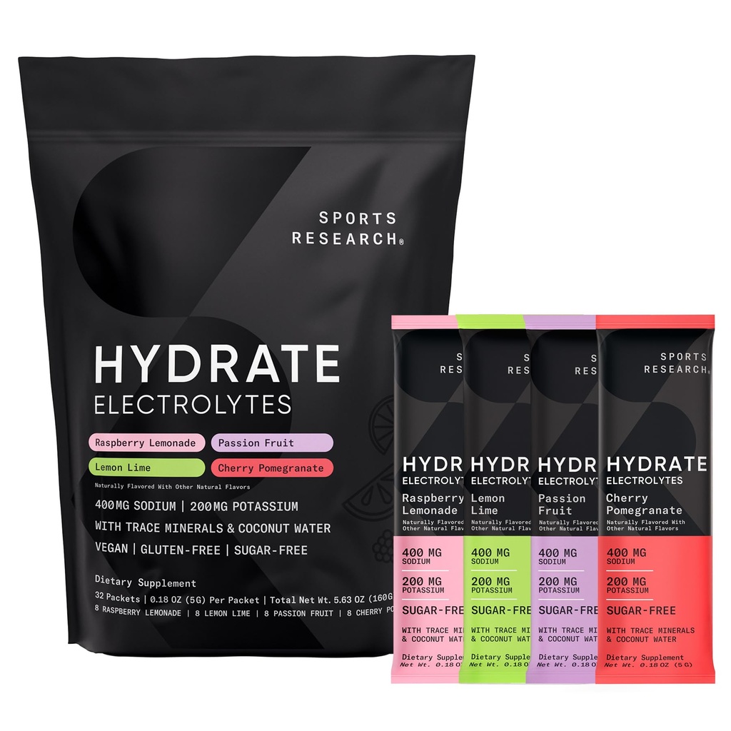 Sports Research® Hydrate Electrolytes Powder Packets - Sugar-Free & Naturally Flavored with Vitamins, Minerals, and Coconut Water - Supports Hydration - 32 Packets - Variety Pack