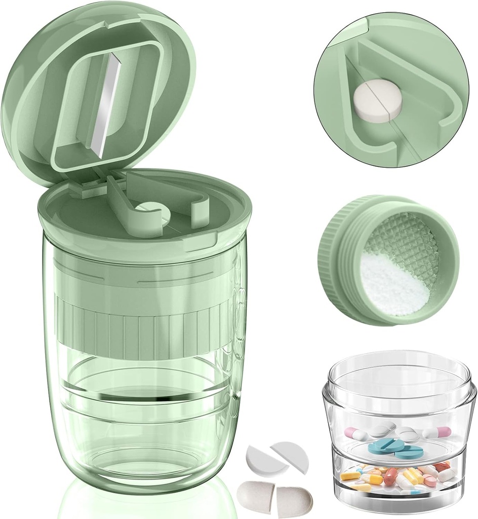 Découpeur de pilules avec distributeur, Découpeur de pilules pour petites ou grandes pilules, Pilules de crus, Vitamines, Comprimés, Lame en acier inoxydable, Coupe à boire amovible (Green-1)