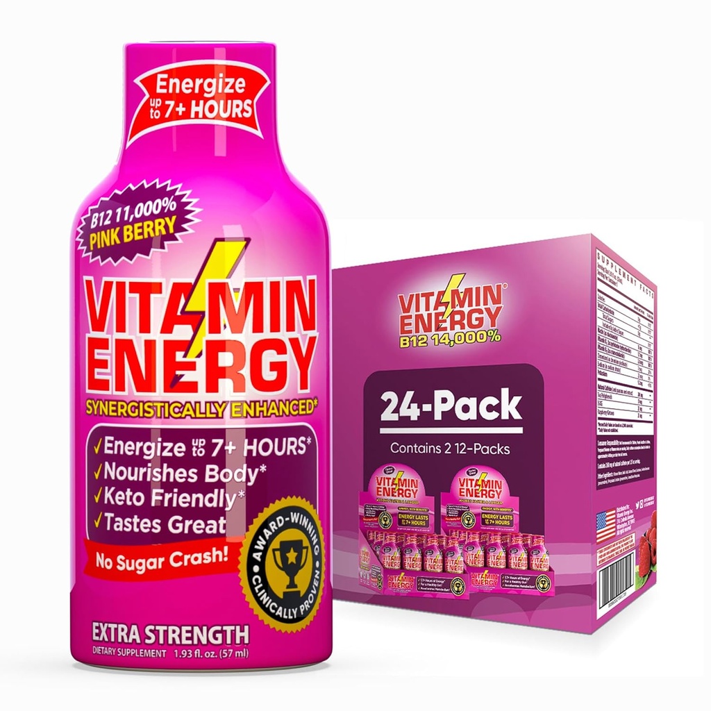 Vitamine Energy B12 11,000% Extra Strength Energy Shot Pink Berry 24 Pack, 260mg Caféine naturelle, B12 & B6, Nootropic Focus, Vitalité, Zéro Sucre, Sans gluten, Vegan, Kosher, 1.93 fl oz