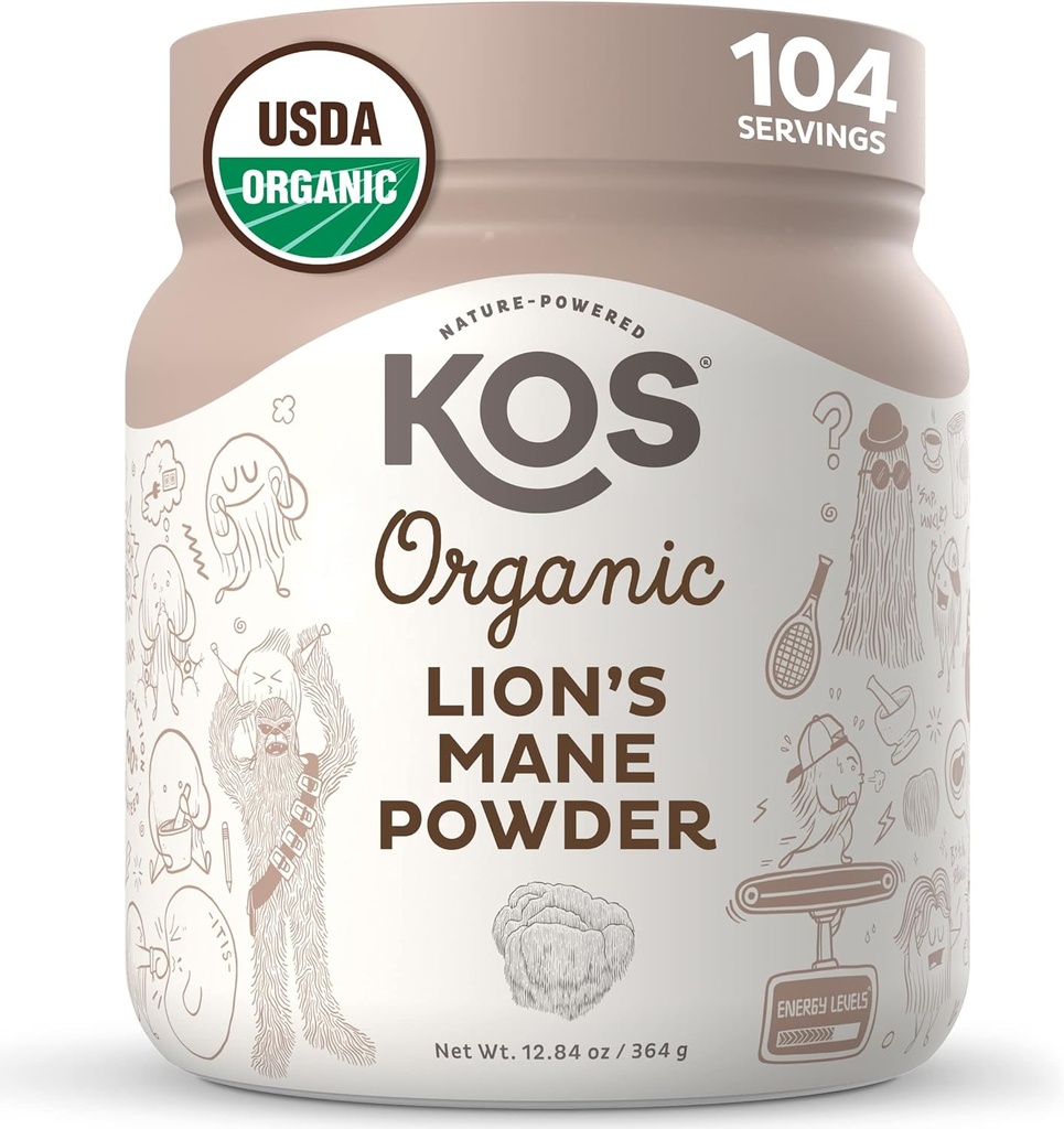 KOS Bio Lion's Mane Powder - Nootropic Superfood naturel - Champignon fonctionnel végétalien, base végétale, certifié USDA, sans OGM, sans soja et sans gluten - 104 portions