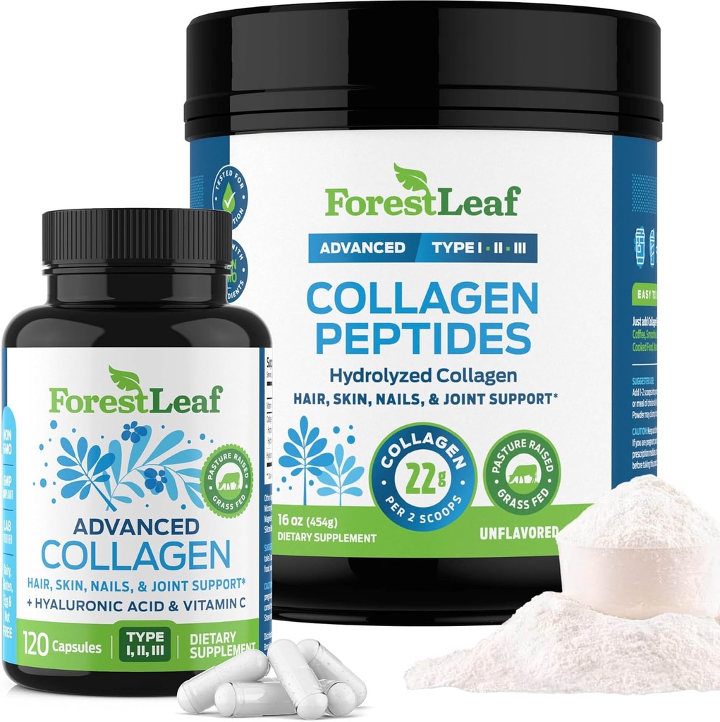 ForestLeaf Collagen Supplements Bundle - 2-en-1 Peptides de collagène hydrolysés Poudre et pilules de collagène - Collagène de viande bovine pour les femmes et le collagène pour les hommes