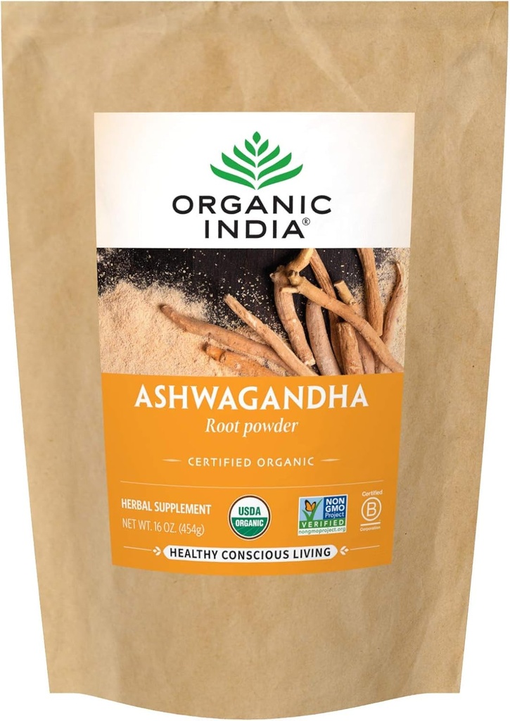 INDE ORGANIQUE Poudre d'Ashwagandha biologique - en vrac de poudre de racine d'Ashwagandha, supplément à base de plantes - végétalien, sans gluten, sans casher, sans OGM, soutient le stress, l'énergie et le sommeil - sac de 1 lb