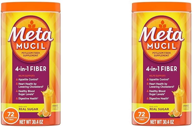 Fibre de métamucil, poudre de complément de fibre de Psyllium 4-en-1 avec du sucre réel, boisson aromatisée lisse orange, 72 portions (paquetage mai vary), texture grossière, 1,9 livre (paquet de 2)