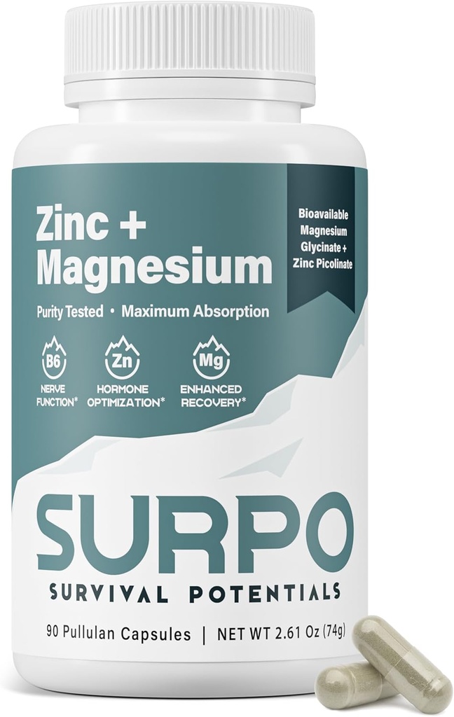 B6 Suppléments de zinc et de magnésium pour les hommes et les femmes, Suppléments de récupération musculaire post-entraînement pour les crampes de jambes, l'immuno-sommeil et le soutien du sommeil, Glycinat de magnésium chélaté avec Zinc Plus vitamine B6, 90 capsules