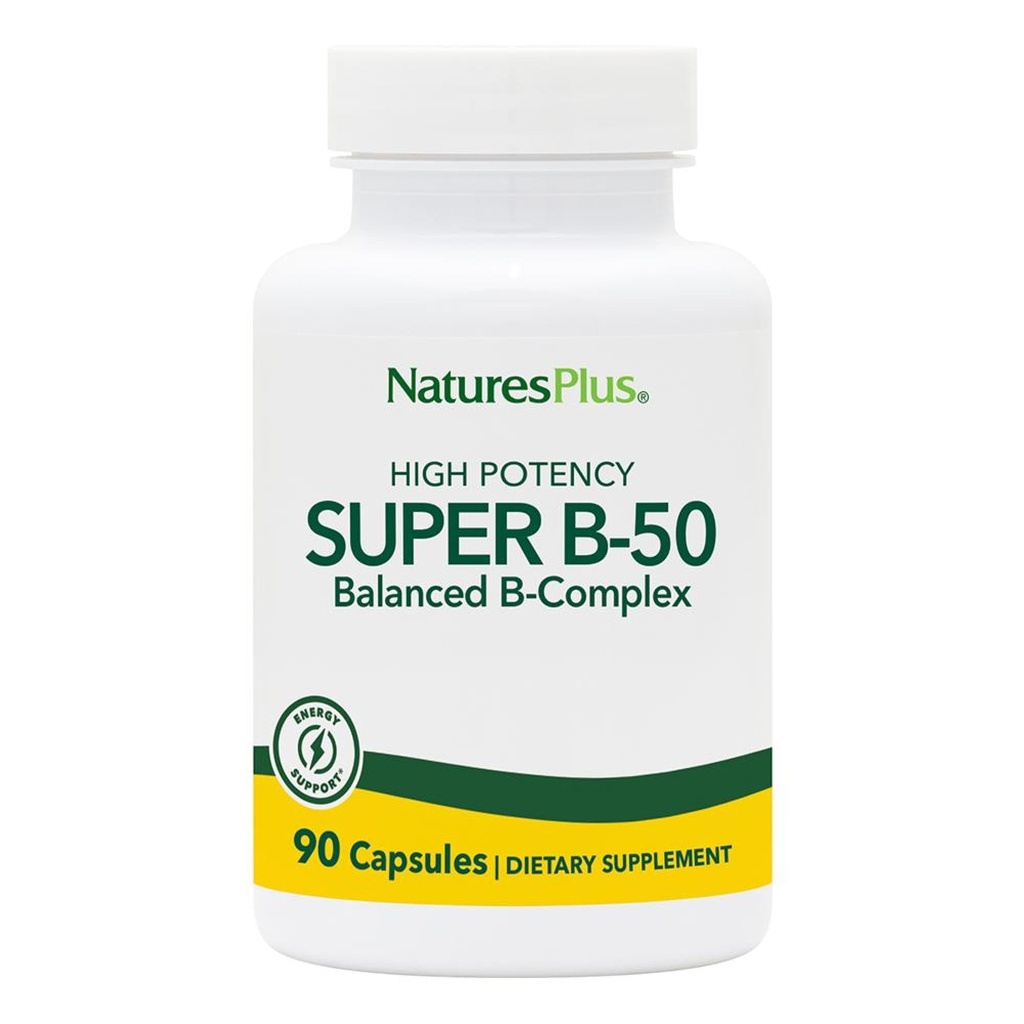 Natures Plus Super B50-90 Capsules végétariennes - Supplément de vitamine complexe à haute puissance B - Booster cerveau et énergie - Sans gluten - 90 portions