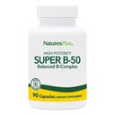 Natures Plus Super B50-90 Capsules végétariennes - Supplément de vitamine complexe à haute puissance B - Booster cerveau et énergie - Sans gluten - 90 portions