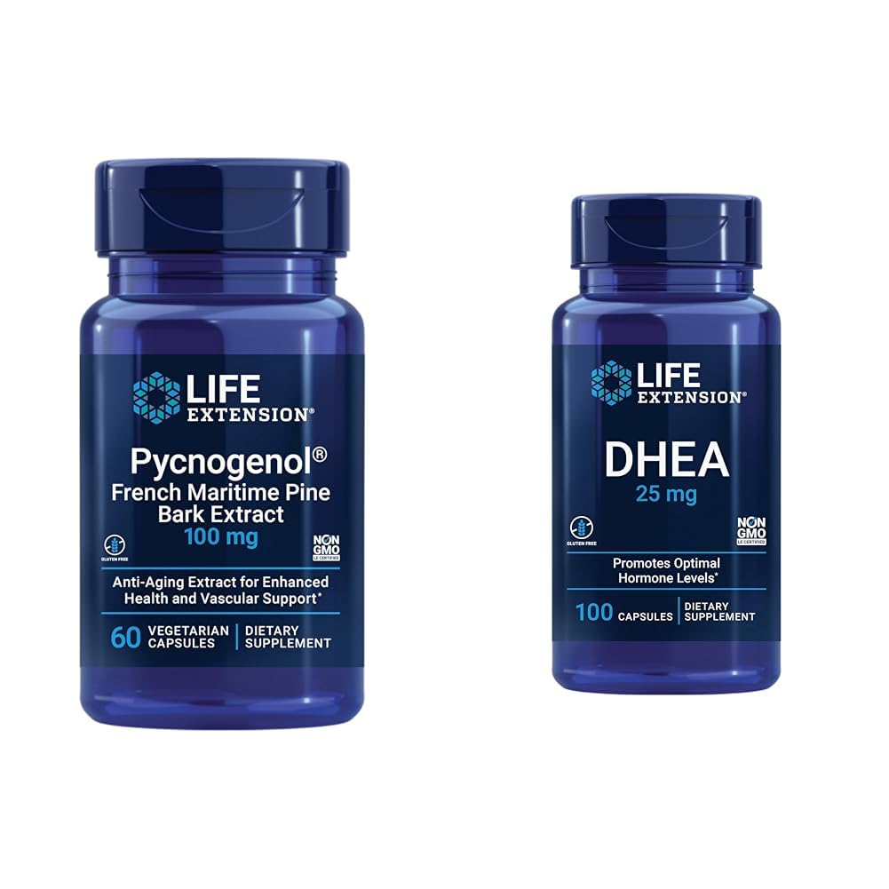 Prolongation de la durée de vie Extrait d'écorce de pin Maritime française avec bilan d'hormone DHEA - 60 capsules Pycnogenol et 100 capsules DHEA 25mg