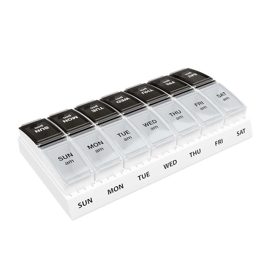 EZY DOSE Weekly (7-Day) Daily AM/PM Pill Case, Medicine Planner, Vitamin Organizer, Supplement Container, Small Pop-out Compartments, Designed for Travel, 2 Times a Day, Black and Clear Lids