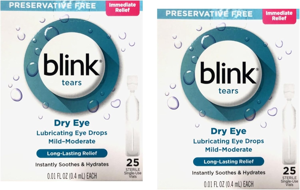 Blink Larmes Lubrifiants sans réserve gouttes, soulagement immédiat et long terme pour les yeux secs, 25 flacons stériles à usage unique, 0,01 FL OZ (0,4 mL) chacun (paquet de 2)
