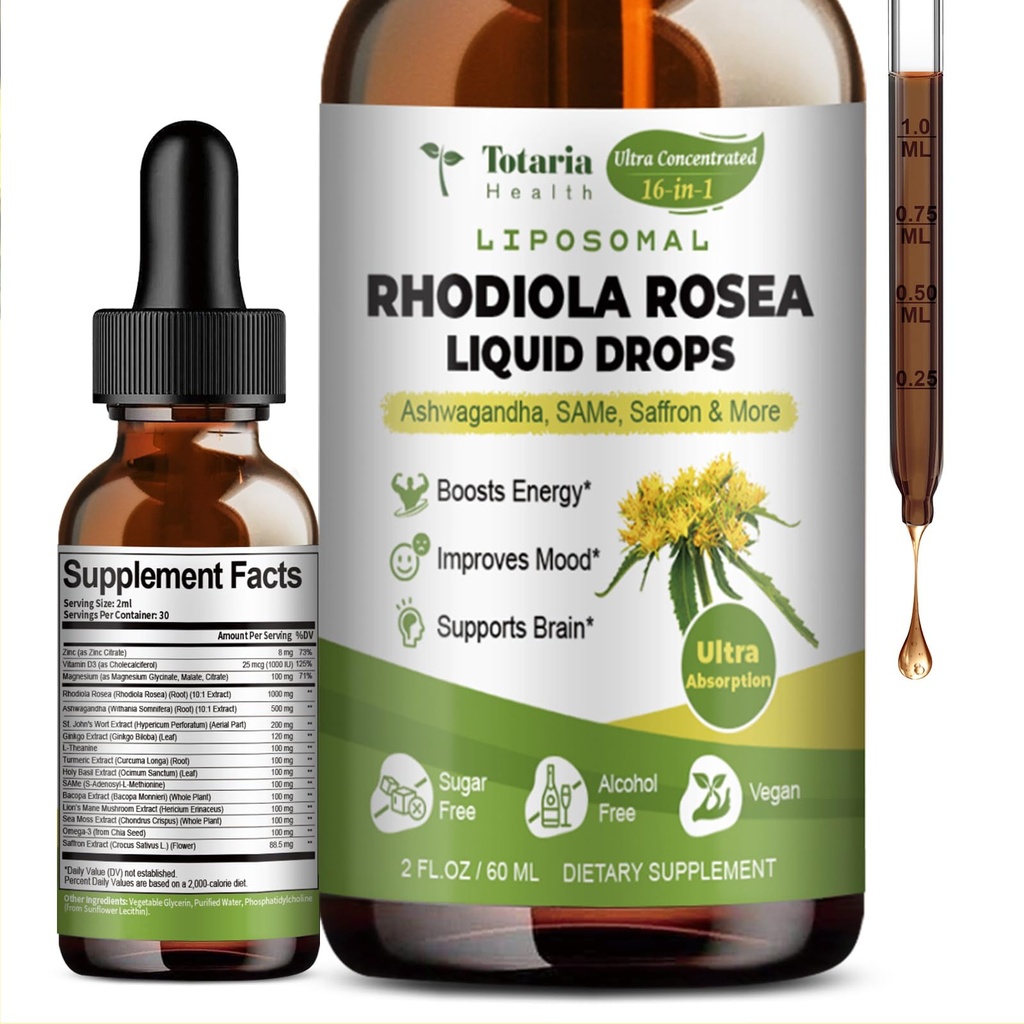 Totaria 16-en-1 Liposomique Rhodiola Rosea Tecture, Supplément Rhodiola Ultra Strength w/Ashwagandha, Safran, Magnésium, SAM-e, Rhodiola Rosea Extrait gouttes liquides pour la relaxation naturelle, l'humeur, l'énergie