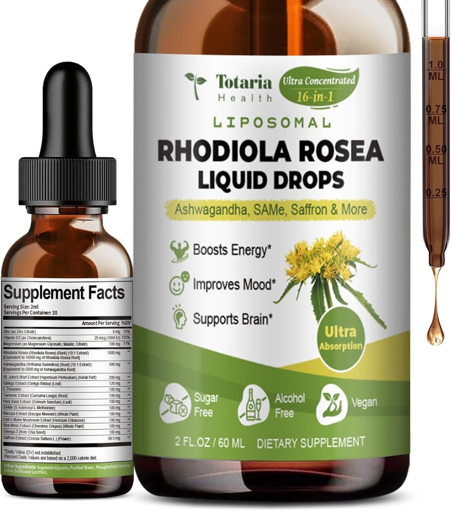 Totaria 16-en-1 Liposomique Rhodiola Rosea Tecture, Supplément Rhodiola Ultra Strength w/Ashwagandha, Safran, Magnésium, SAM-e, Rhodiola Rosea Extrait gouttes liquides pour la relaxation naturelle, l'humeur, l'énergie