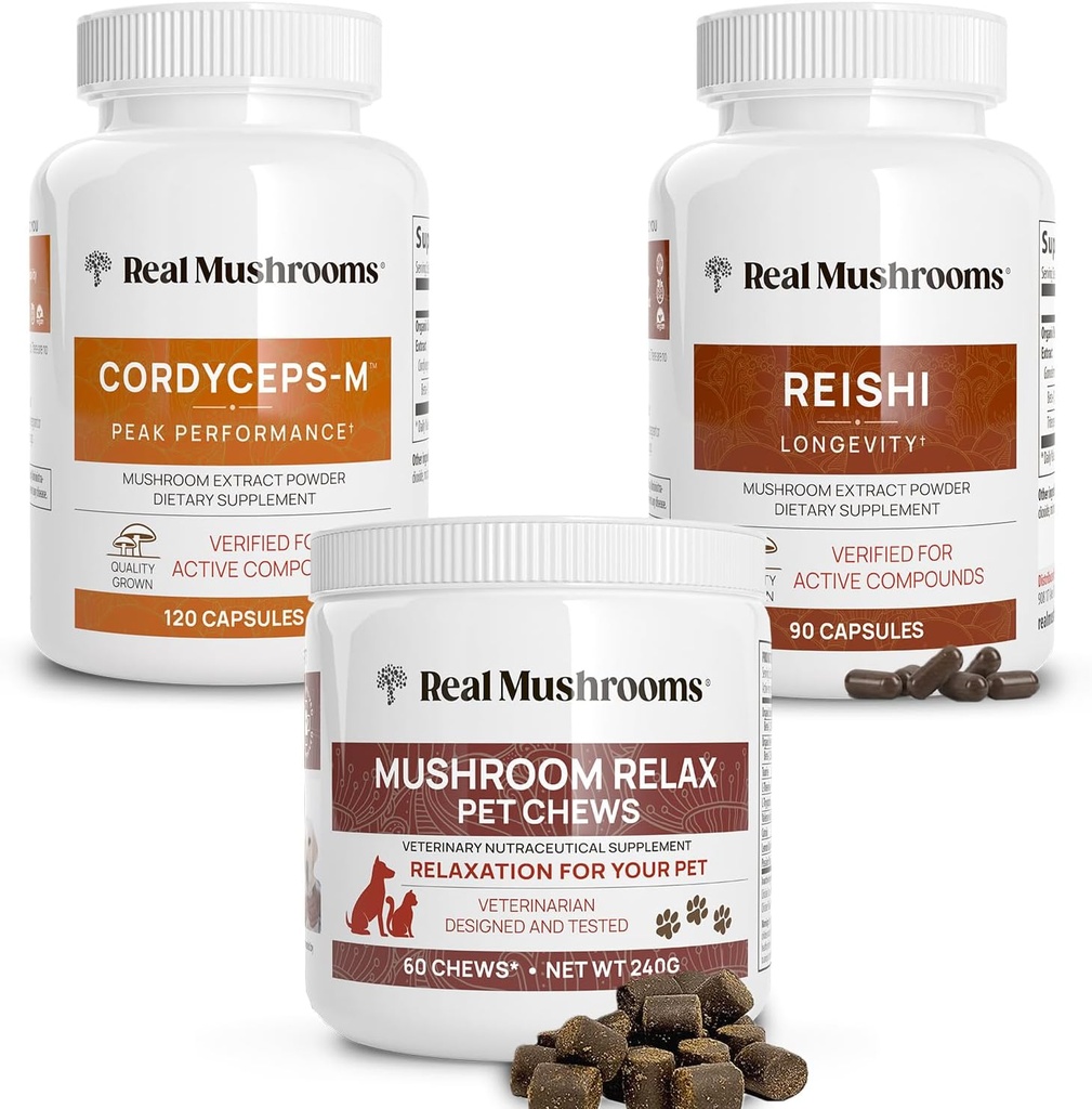 Véritables champignons Reishi & Cordyceps pour les humains et les champignons Animaux de compagnie Relax Chews - Bundle for Relaxation, Energy & Immunity - Vegan, Non-OGM, Sans gluten, Sans céréales Extraits de champignons