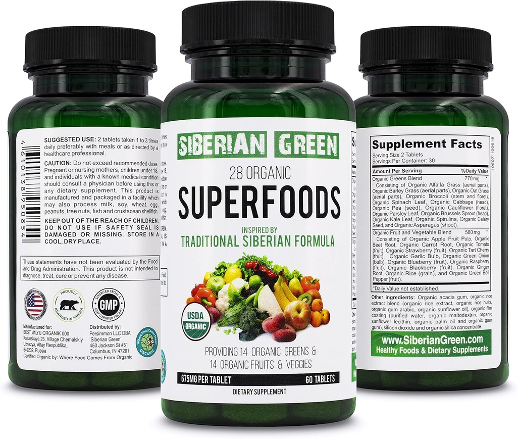 Sibérie Vert 28 Superfoods bio Supplément 60 Comprimés - 14 Verts essentiels, 14 Fruits et légumes nutritifs de la formule traditionnelle pour l'énergie, le bien-être, la santé