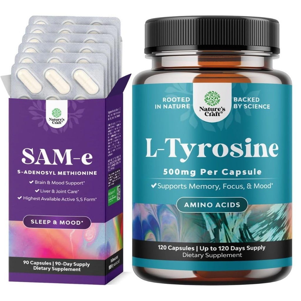 Bundle of Pure SAM E Supplement 150mg - Nootropic Même 150mg par portion pour le soutien de la mémoire et du cerveau et la forme libre L Tyrosine 500mg pour le soutien de l'énergie mentale et de la focalisation - Amino Acid Nootropic Supplement