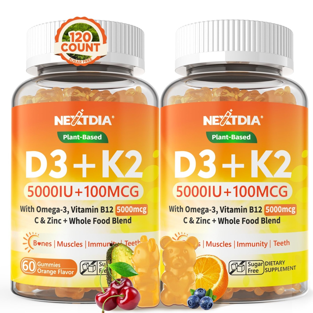 Vitamine D3 K2 Gommies 5000UI / 10 000 UI avec Oméga-3 250mg + K2(MK-7) 100mcg - 5X Absorption par rapport à la norme D3K2, avec vitamine C, zinc, et 5 légumes biologiques, soutient les os et les dents, Immune